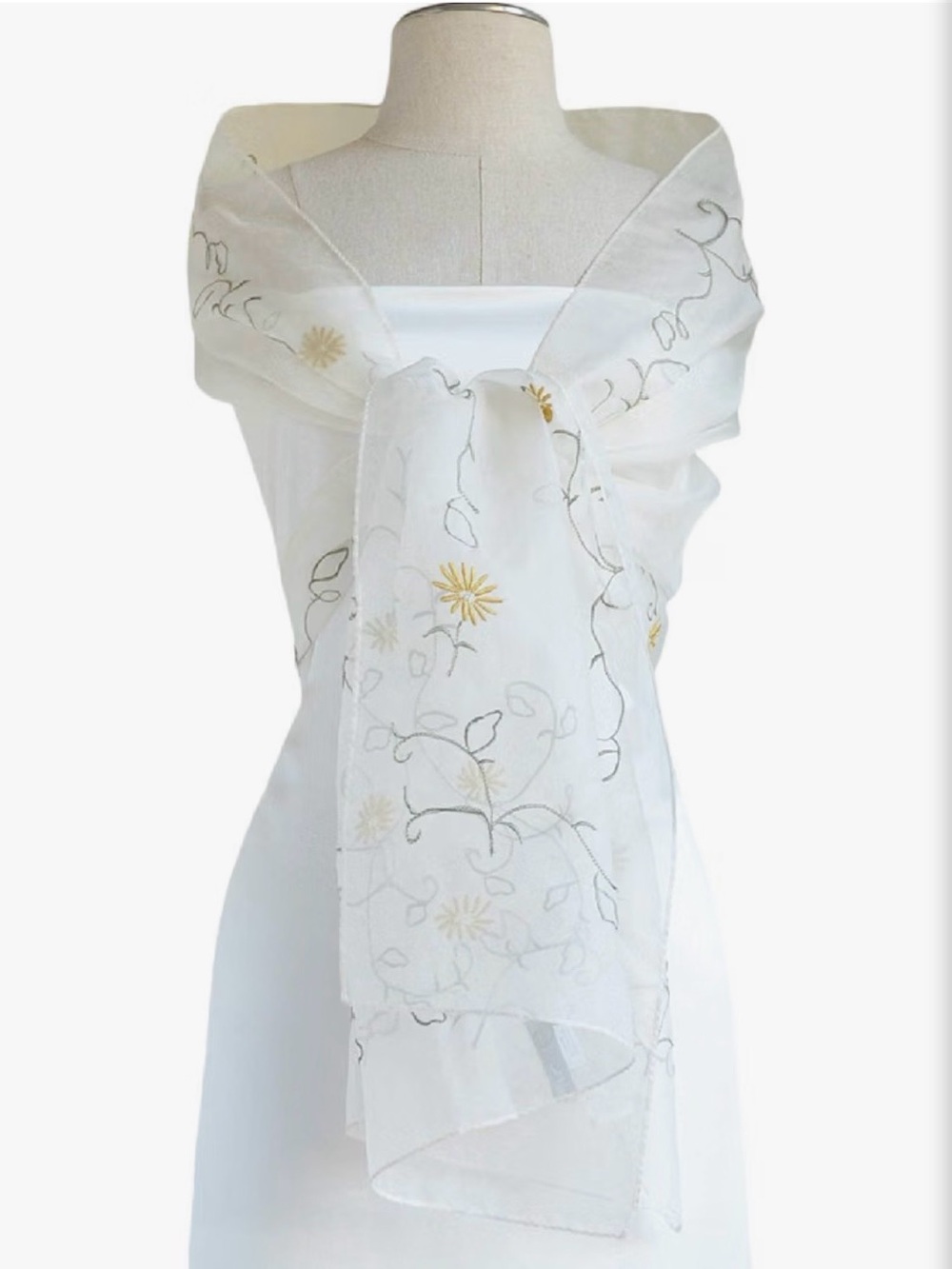 100% Silk Organza Scarf in Cream with delicate Gold Floral Embroidery